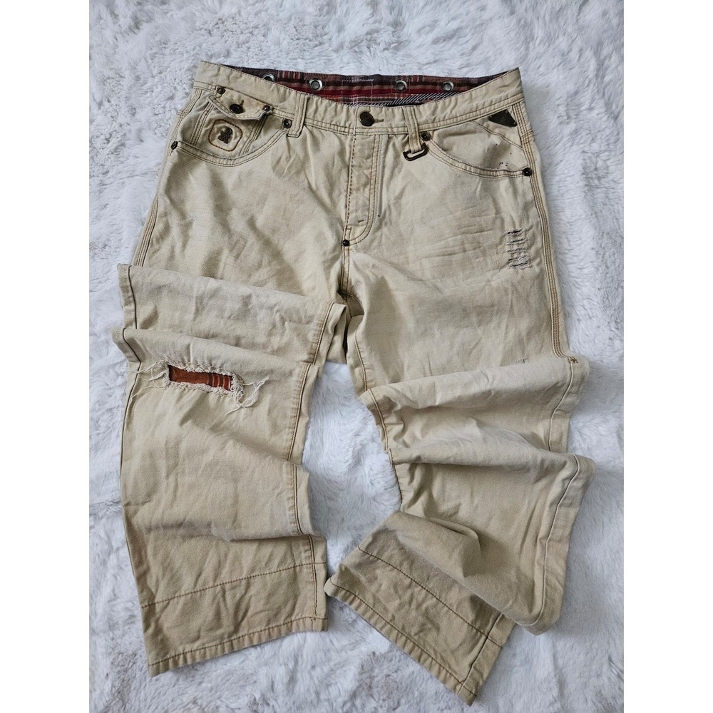 Vintage Y2K Parish Nation Distressed Cargo Pants Tan Brown Plaid Lined 36